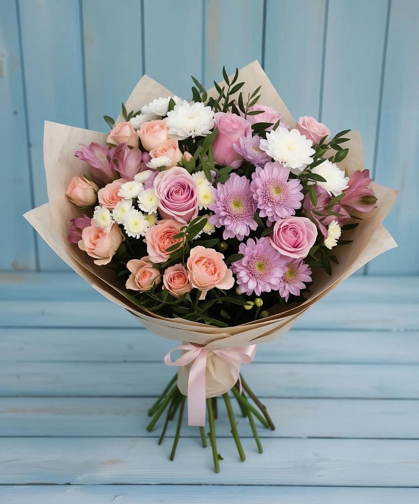 Букет цветов из: Хризантемы, Розы и Альстромерии в Таловой