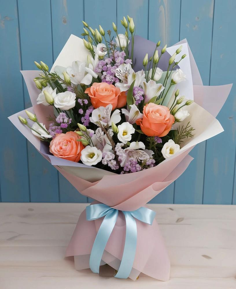 Букет цветов из: Лизиантусы, Розы, Альстромерии и Гипсофила в Таловой