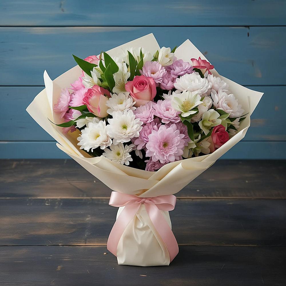 Букет цветов из: Хризантемы, Альстромерии и Розы в Таловой